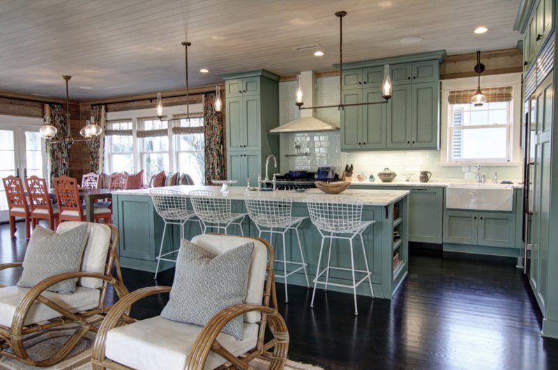 Kitchen, dining space, and living space