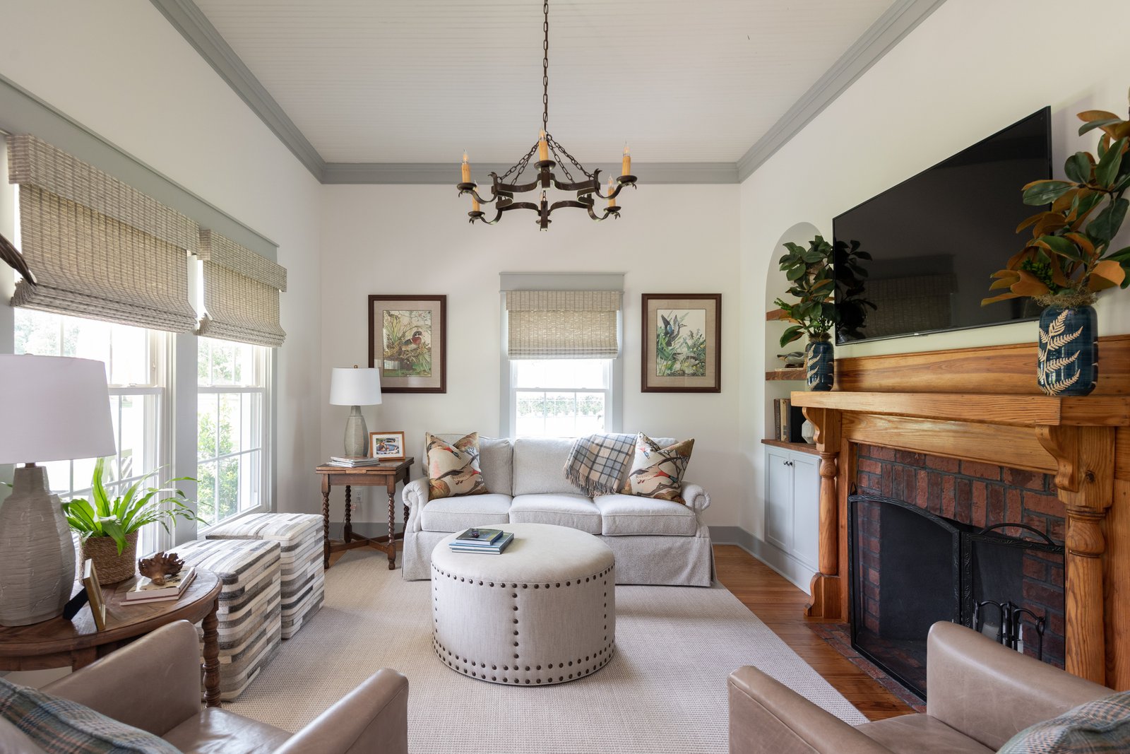 Rustic-themed living space with a fireplace and living couches