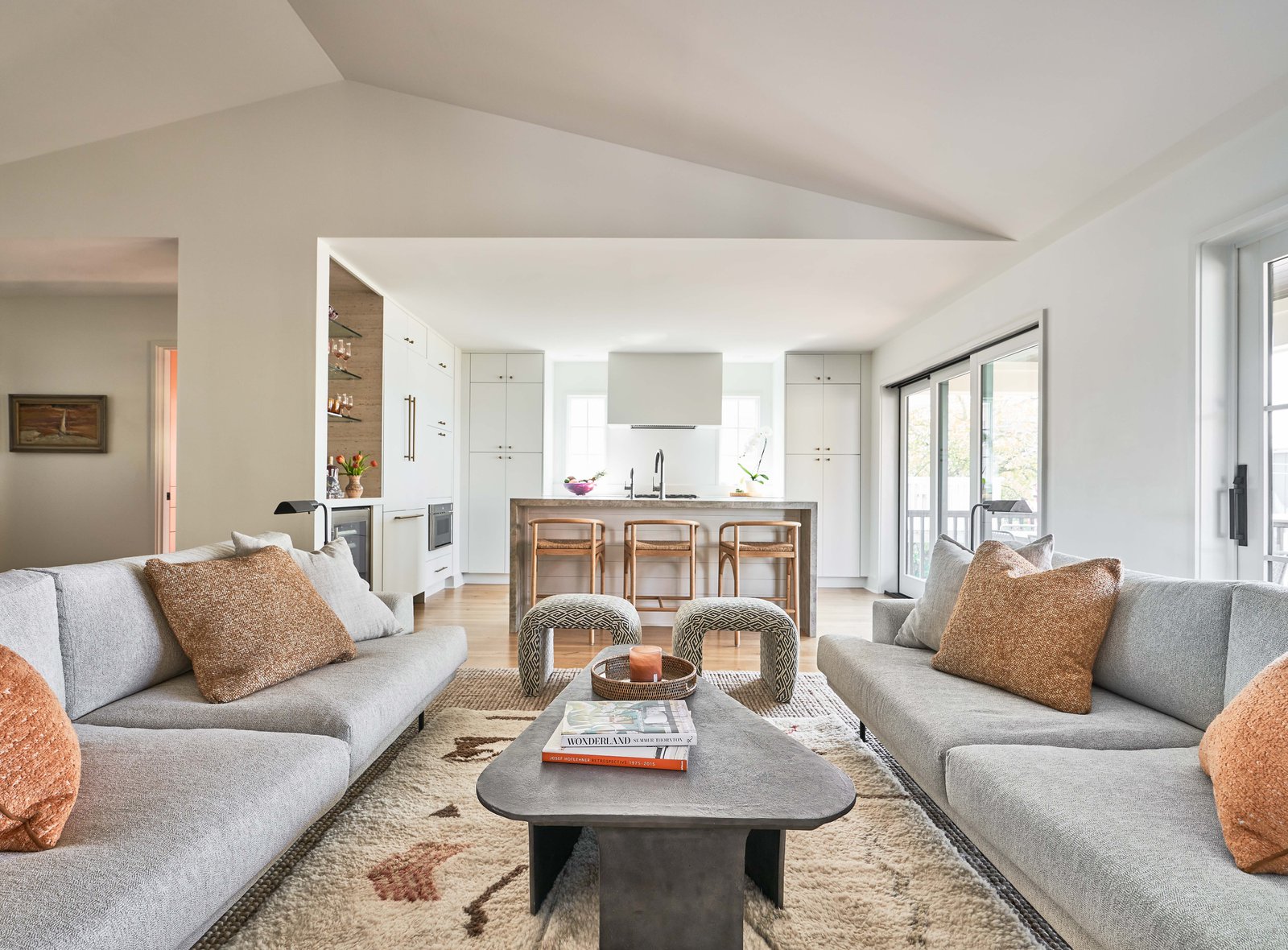Living room, classic sofa and island counter